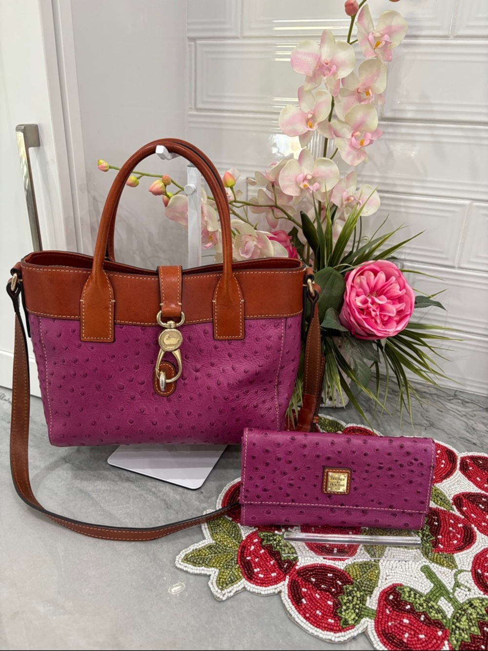 Dooney & Bourke Plum Ostrich-Embossed Leather Tote with Brown Trim with wallet